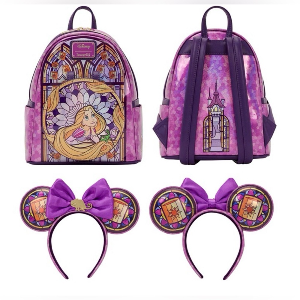Loungefly Disney Princess Stained Glass Rapunzel Tangled Backpack and Ears NWT